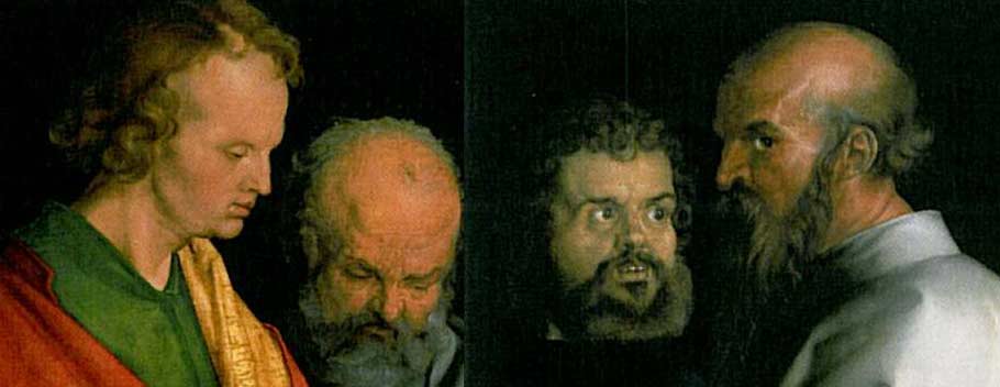 Bildmontage aus Albrecht Dürers vier Aposteln: (1526): Johannes, Petrus, Markus und Paulus