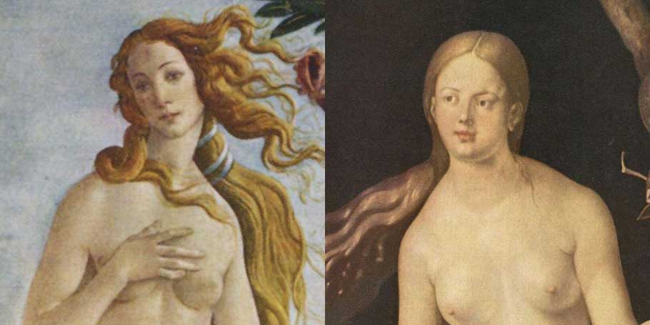 Links: Ausschnitt aus Sandro Botticellis "Geburt der Venus". Rechts: Ausschnitt aus Albrecht Düreres "Adam und Eva"