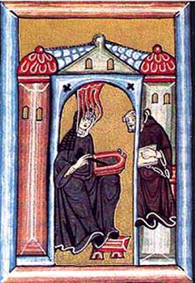 Hildegard von Bingen bei der Aufzeichnung
Miniatur aus dem Rupertsberger Codex