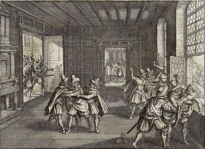 Fenstersturz zu Prag 1618. Bild: Johann Philipp Abelinus - Theatrum Europaeum, Band 1, Seite 16.
